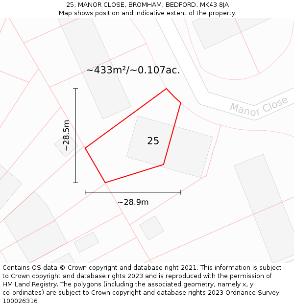 25, MANOR CLOSE, BROMHAM, BEDFORD, MK43 8JA: Plot and title map