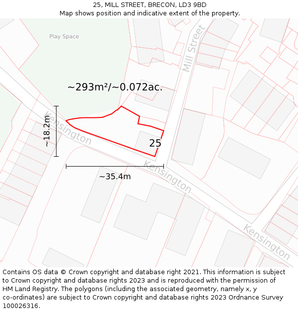 25, MILL STREET, BRECON, LD3 9BD: Plot and title map