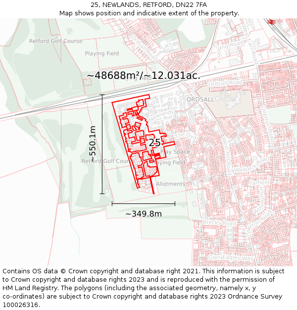 25, NEWLANDS, RETFORD, DN22 7FA: Plot and title map