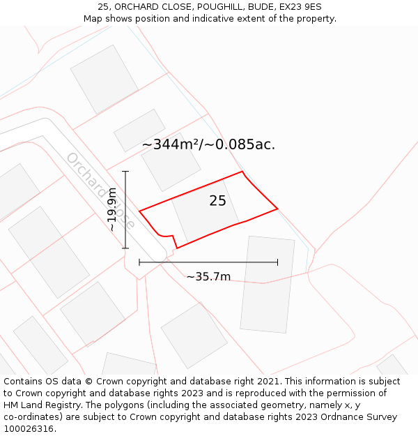 25, ORCHARD CLOSE, POUGHILL, BUDE, EX23 9ES: Plot and title map
