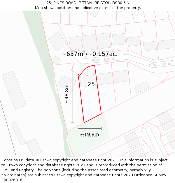 25, PINES ROAD, BITTON, BRISTOL, BS30 6JN: Plot and title map