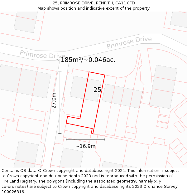 25, PRIMROSE DRIVE, PENRITH, CA11 8FD: Plot and title map