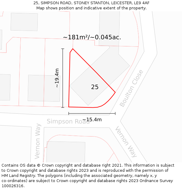 25, SIMPSON ROAD, STONEY STANTON, LEICESTER, LE9 4AF: Plot and title map