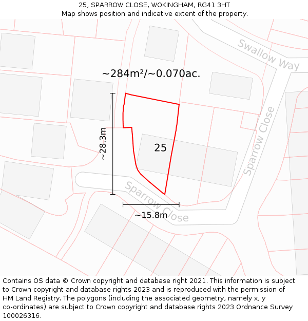 25, SPARROW CLOSE, WOKINGHAM, RG41 3HT: Plot and title map
