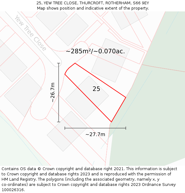 25, YEW TREE CLOSE, THURCROFT, ROTHERHAM, S66 9EY: Plot and title map