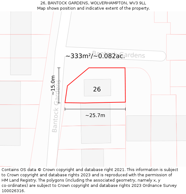 26, BANTOCK GARDENS, WOLVERHAMPTON, WV3 9LL: Plot and title map