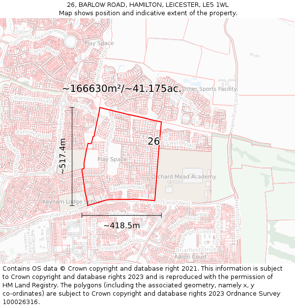 26, BARLOW ROAD, HAMILTON, LEICESTER, LE5 1WL: Plot and title map