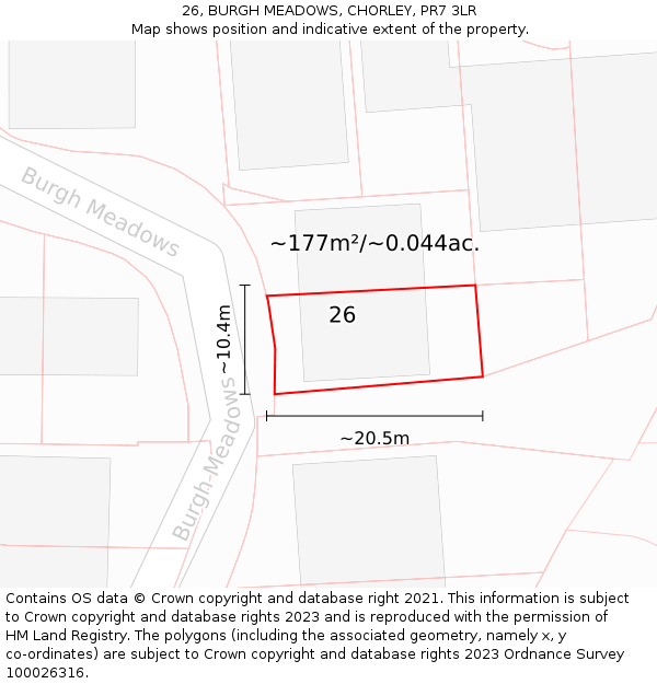 26, BURGH MEADOWS, CHORLEY, PR7 3LR: Plot and title map