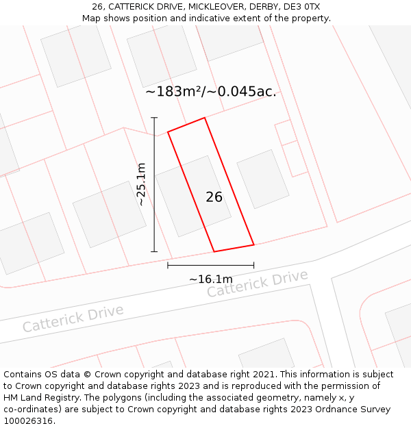 26, CATTERICK DRIVE, MICKLEOVER, DERBY, DE3 0TX: Plot and title map