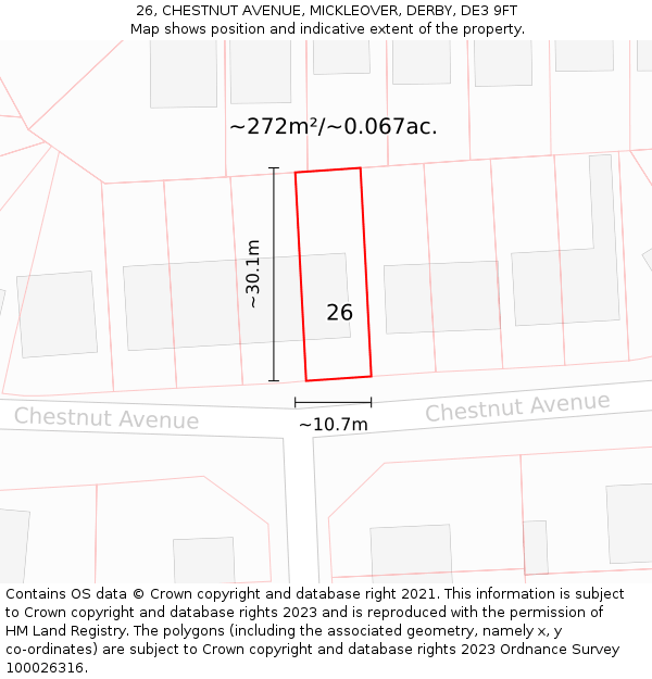 26, CHESTNUT AVENUE, MICKLEOVER, DERBY, DE3 9FT: Plot and title map