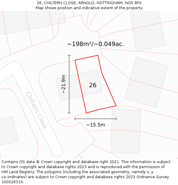 26, CHILTERN CLOSE, ARNOLD, NOTTINGHAM, NG5 9PX: Plot and title map