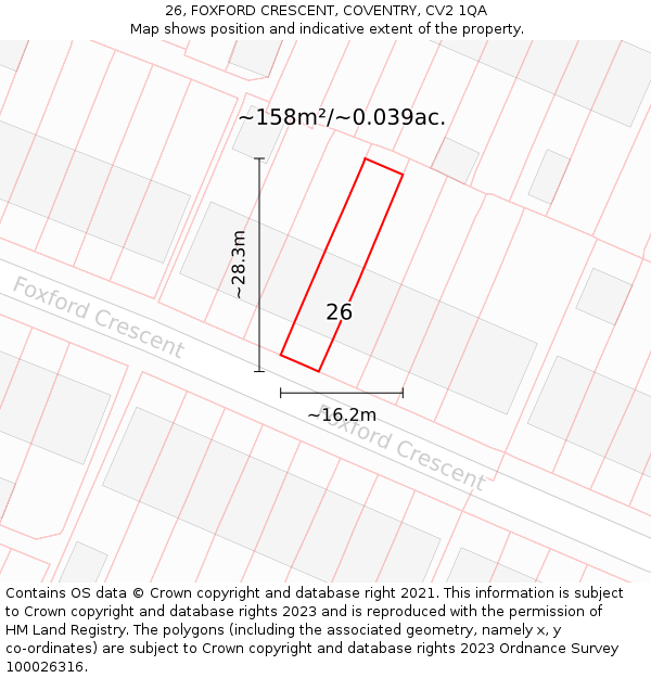 26, FOXFORD CRESCENT, COVENTRY, CV2 1QA: Plot and title map