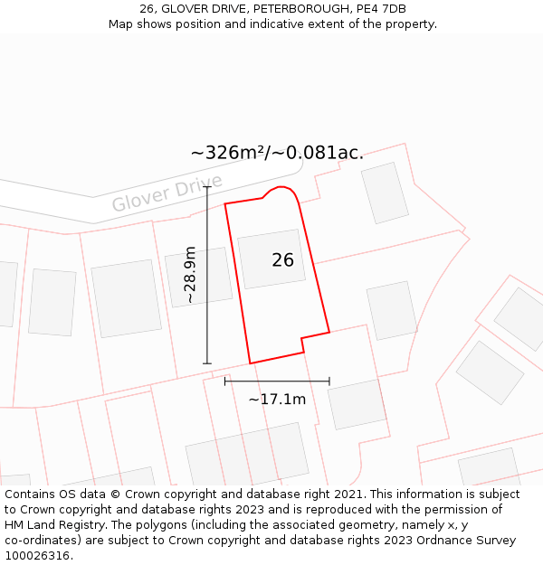 26, GLOVER DRIVE, PETERBOROUGH, PE4 7DB: Plot and title map