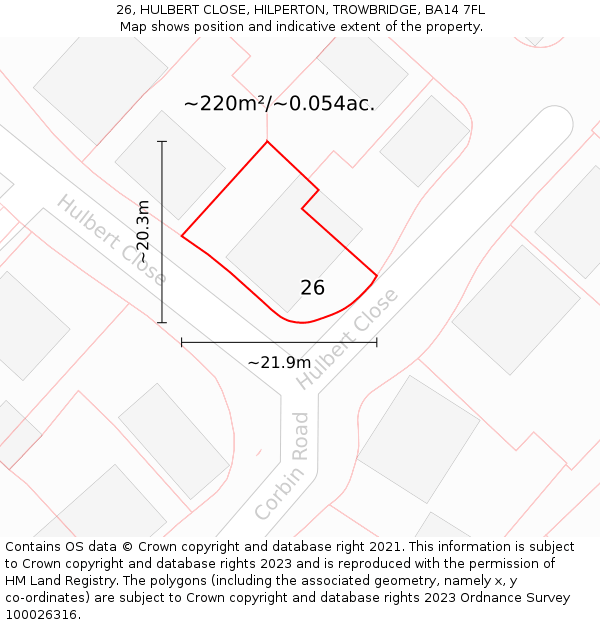 26, HULBERT CLOSE, HILPERTON, TROWBRIDGE, BA14 7FL: Plot and title map