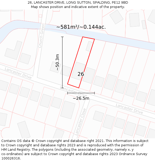 26, LANCASTER DRIVE, LONG SUTTON, SPALDING, PE12 9BD: Plot and title map