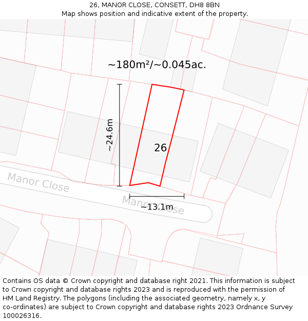 26, MANOR CLOSE, CONSETT, DH8 8BN: Plot and title map