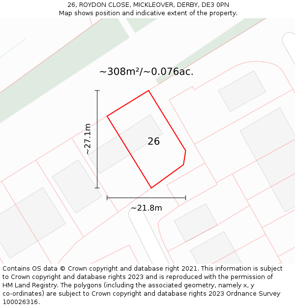 26, ROYDON CLOSE, MICKLEOVER, DERBY, DE3 0PN: Plot and title map