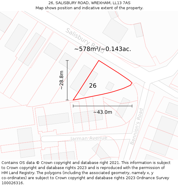 26, SALISBURY ROAD, WREXHAM, LL13 7AS: Plot and title map