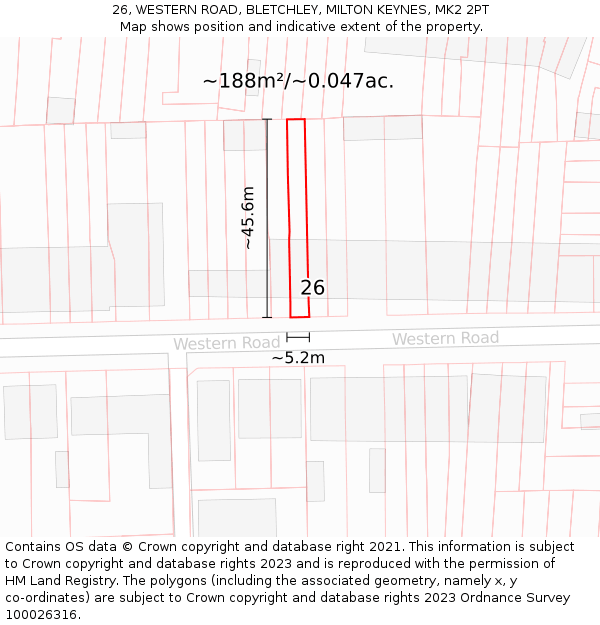 26, WESTERN ROAD, BLETCHLEY, MILTON KEYNES, MK2 2PT: Plot and title map