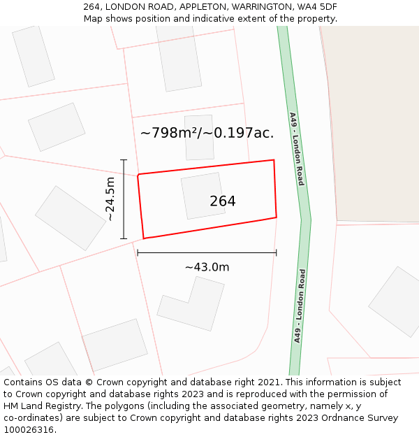 264, LONDON ROAD, APPLETON, WARRINGTON, WA4 5DF: Plot and title map