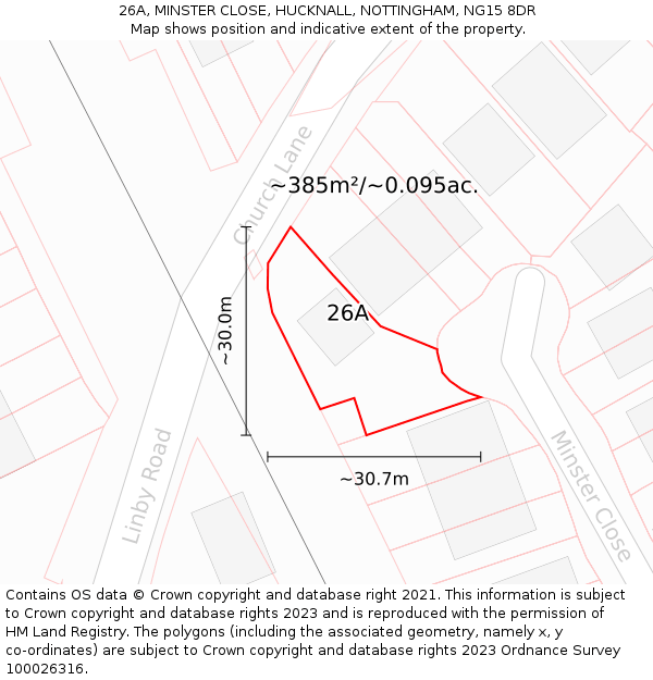 26A, MINSTER CLOSE, HUCKNALL, NOTTINGHAM, NG15 8DR: Plot and title map