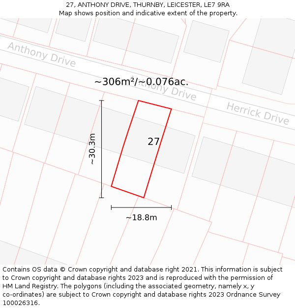 27, ANTHONY DRIVE, THURNBY, LEICESTER, LE7 9RA: Plot and title map
