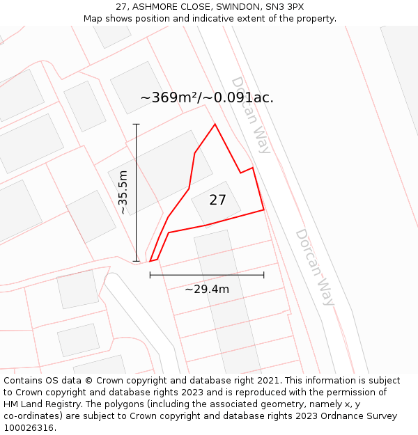 27, ASHMORE CLOSE, SWINDON, SN3 3PX: Plot and title map