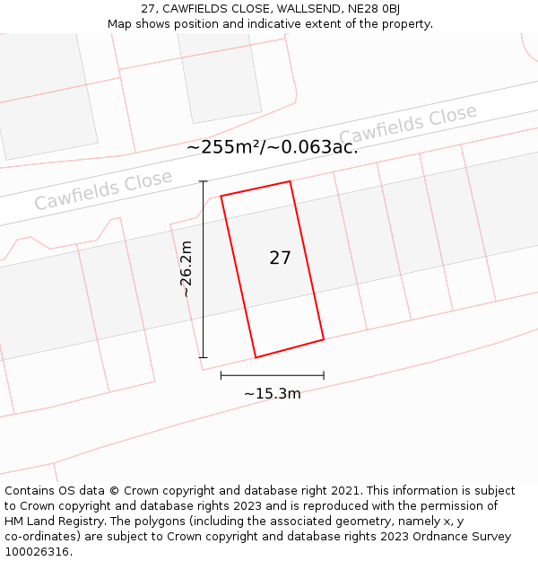 27, CAWFIELDS CLOSE, WALLSEND, NE28 0BJ: Plot and title map
