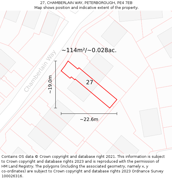 27, CHAMBERLAIN WAY, PETERBOROUGH, PE4 7EB: Plot and title map