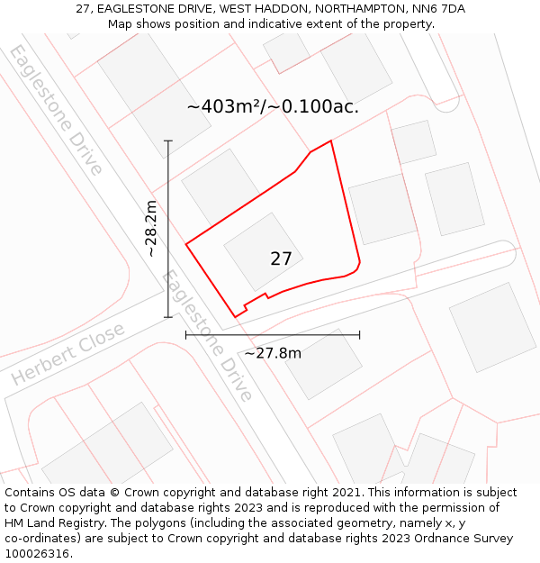 27, EAGLESTONE DRIVE, WEST HADDON, NORTHAMPTON, NN6 7DA: Plot and title map