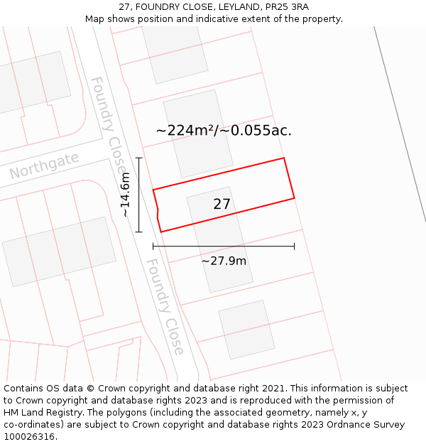27, FOUNDRY CLOSE, LEYLAND, PR25 3RA: Plot and title map