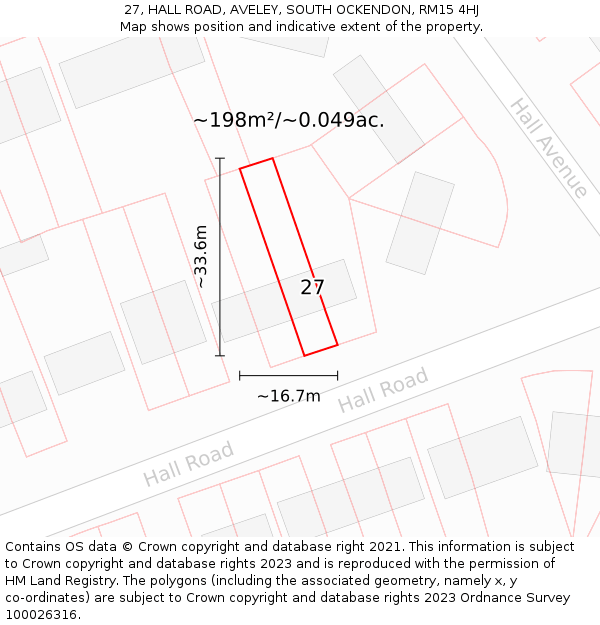 27, HALL ROAD, AVELEY, SOUTH OCKENDON, RM15 4HJ: Plot and title map