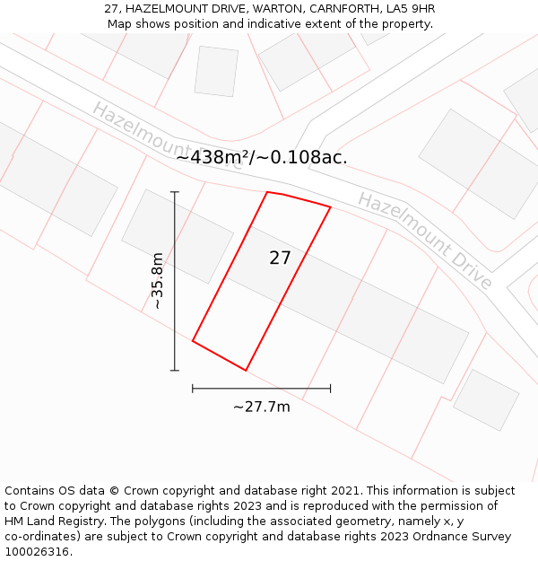 27, HAZELMOUNT DRIVE, WARTON, CARNFORTH, LA5 9HR: Plot and title map