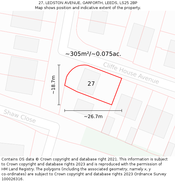 27, LEDSTON AVENUE, GARFORTH, LEEDS, LS25 2BP: Plot and title map