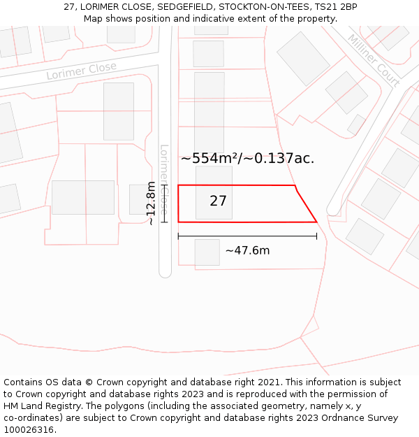 27, LORIMER CLOSE, SEDGEFIELD, STOCKTON-ON-TEES, TS21 2BP: Plot and title map