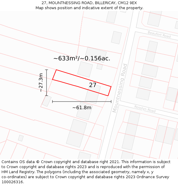 27, MOUNTNESSING ROAD, BILLERICAY, CM12 9EX: Plot and title map