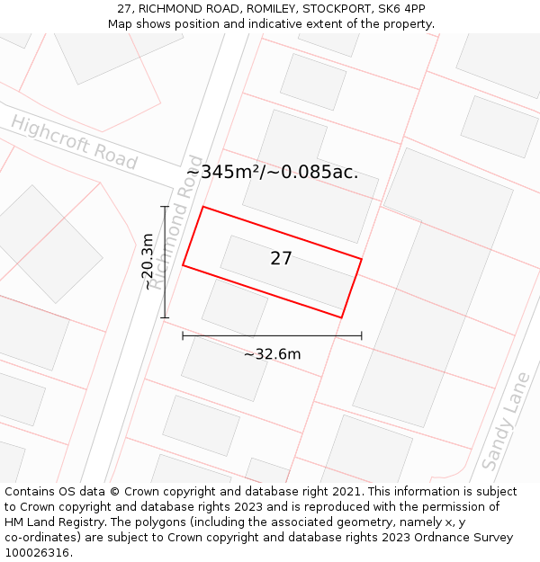 27, RICHMOND ROAD, ROMILEY, STOCKPORT, SK6 4PP: Plot and title map