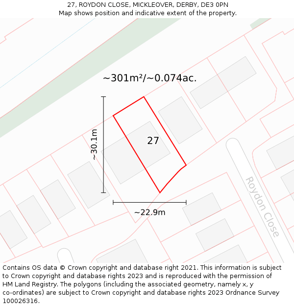 27, ROYDON CLOSE, MICKLEOVER, DERBY, DE3 0PN: Plot and title map