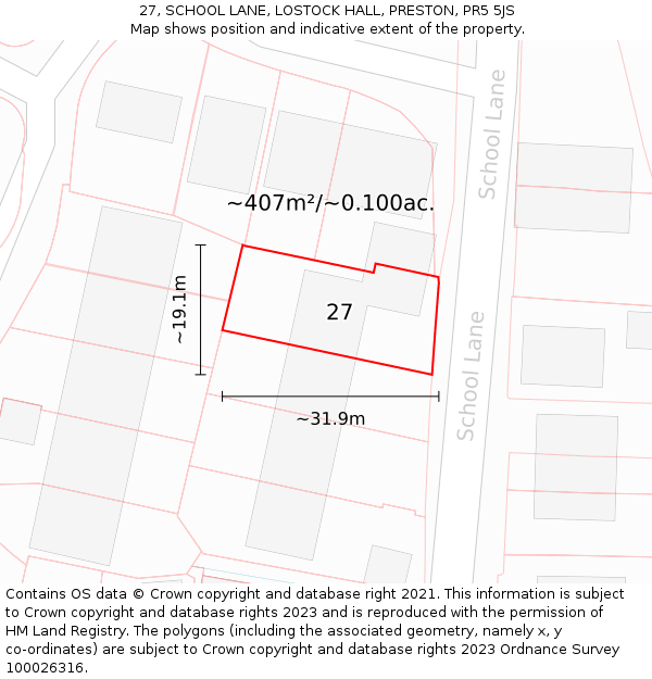 27, SCHOOL LANE, LOSTOCK HALL, PRESTON, PR5 5JS: Plot and title map