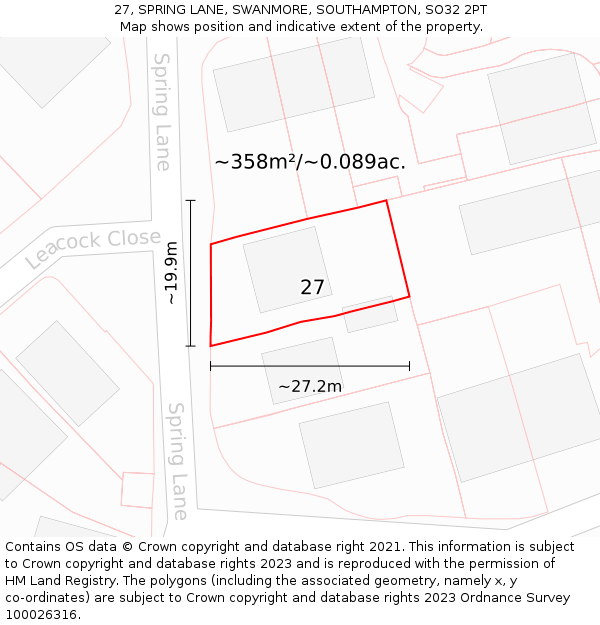 27, SPRING LANE, SWANMORE, SOUTHAMPTON, SO32 2PT: Plot and title map