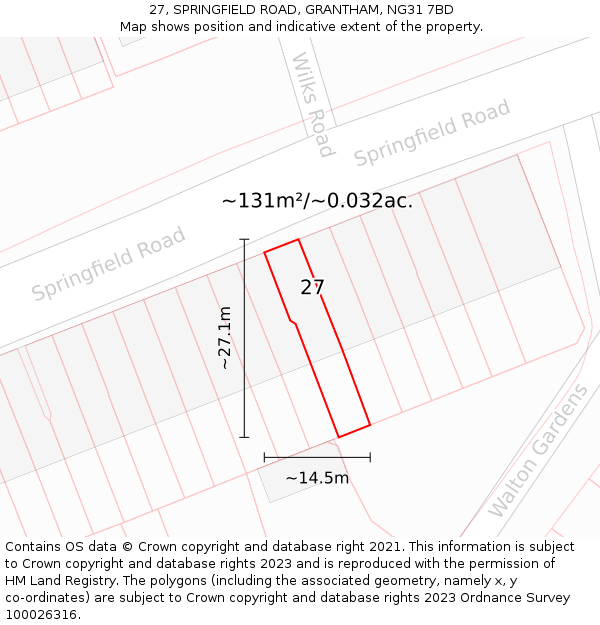 27, SPRINGFIELD ROAD, GRANTHAM, NG31 7BD: Plot and title map
