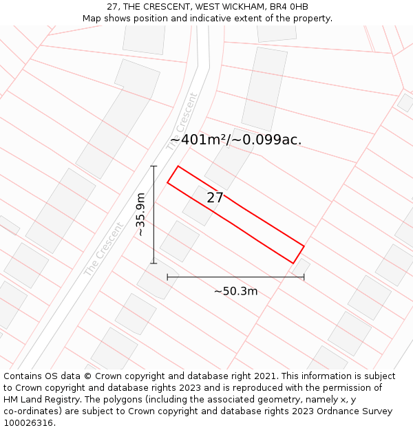 27, THE CRESCENT, WEST WICKHAM, BR4 0HB: Plot and title map