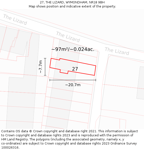 27, THE LIZARD, WYMONDHAM, NR18 9BH: Plot and title map