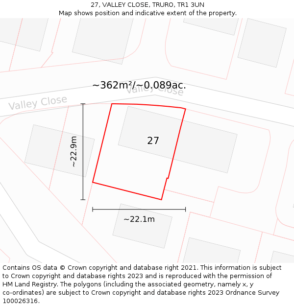 27, VALLEY CLOSE, TRURO, TR1 3UN: Plot and title map