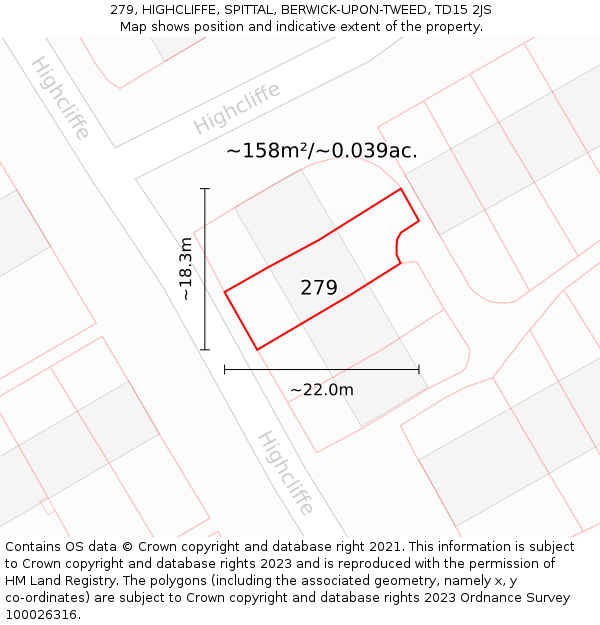 279, HIGHCLIFFE, SPITTAL, BERWICK-UPON-TWEED, TD15 2JS: Plot and title map