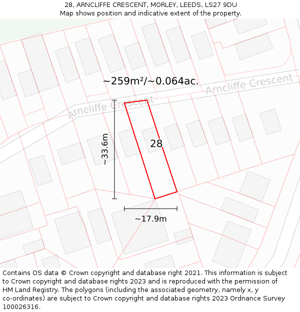 28, ARNCLIFFE CRESCENT, MORLEY, LEEDS, LS27 9DU: Plot and title map