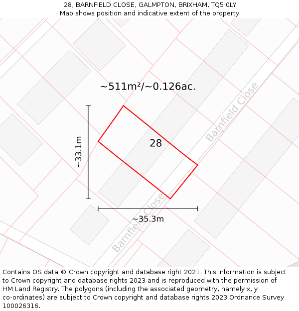 28, BARNFIELD CLOSE, GALMPTON, BRIXHAM, TQ5 0LY: Plot and title map