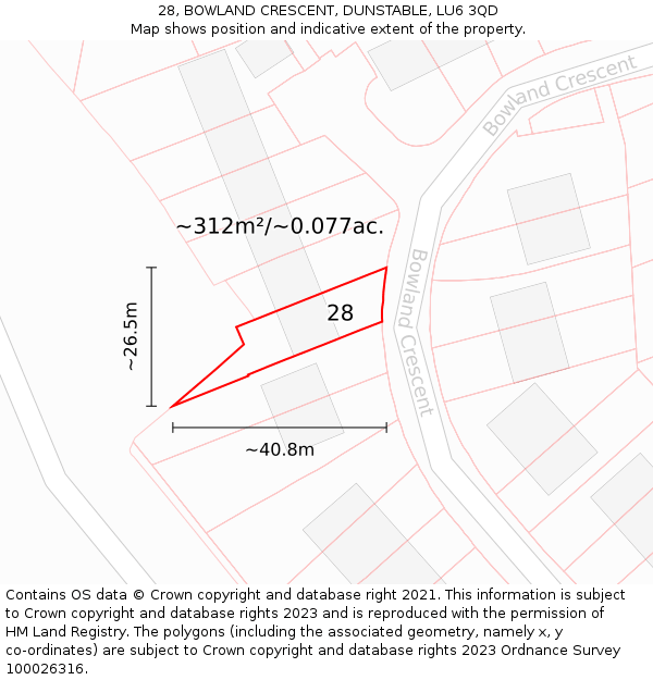 28, BOWLAND CRESCENT, DUNSTABLE, LU6 3QD: Plot and title map