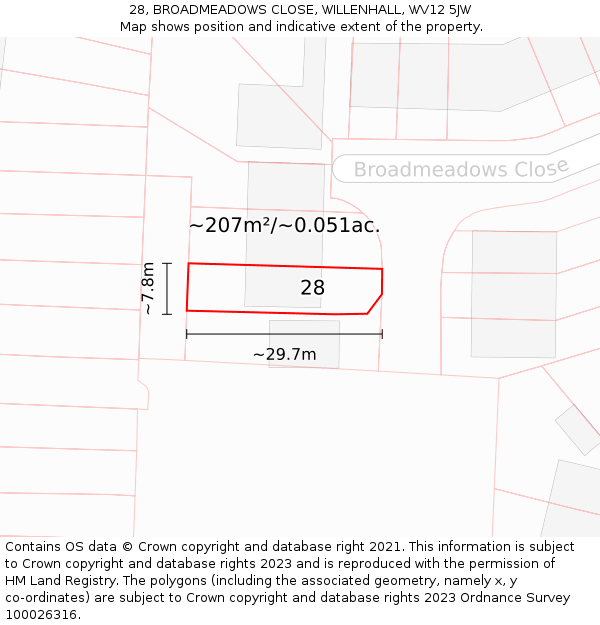 28, BROADMEADOWS CLOSE, WILLENHALL, WV12 5JW: Plot and title map