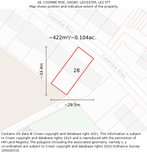 28, COOMBE RISE, OADBY, LEICESTER, LE2 5TT: Plot and title map